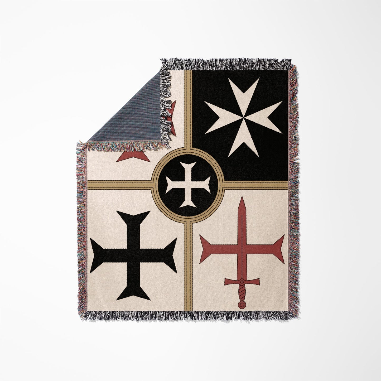 Fringed blanket with four knightly crosses: white Maltese, red templar, black and white pattee.