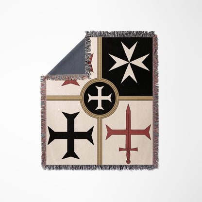 Fringed blanket with four knightly crosses: white Maltese, red templar, black and white pattee.