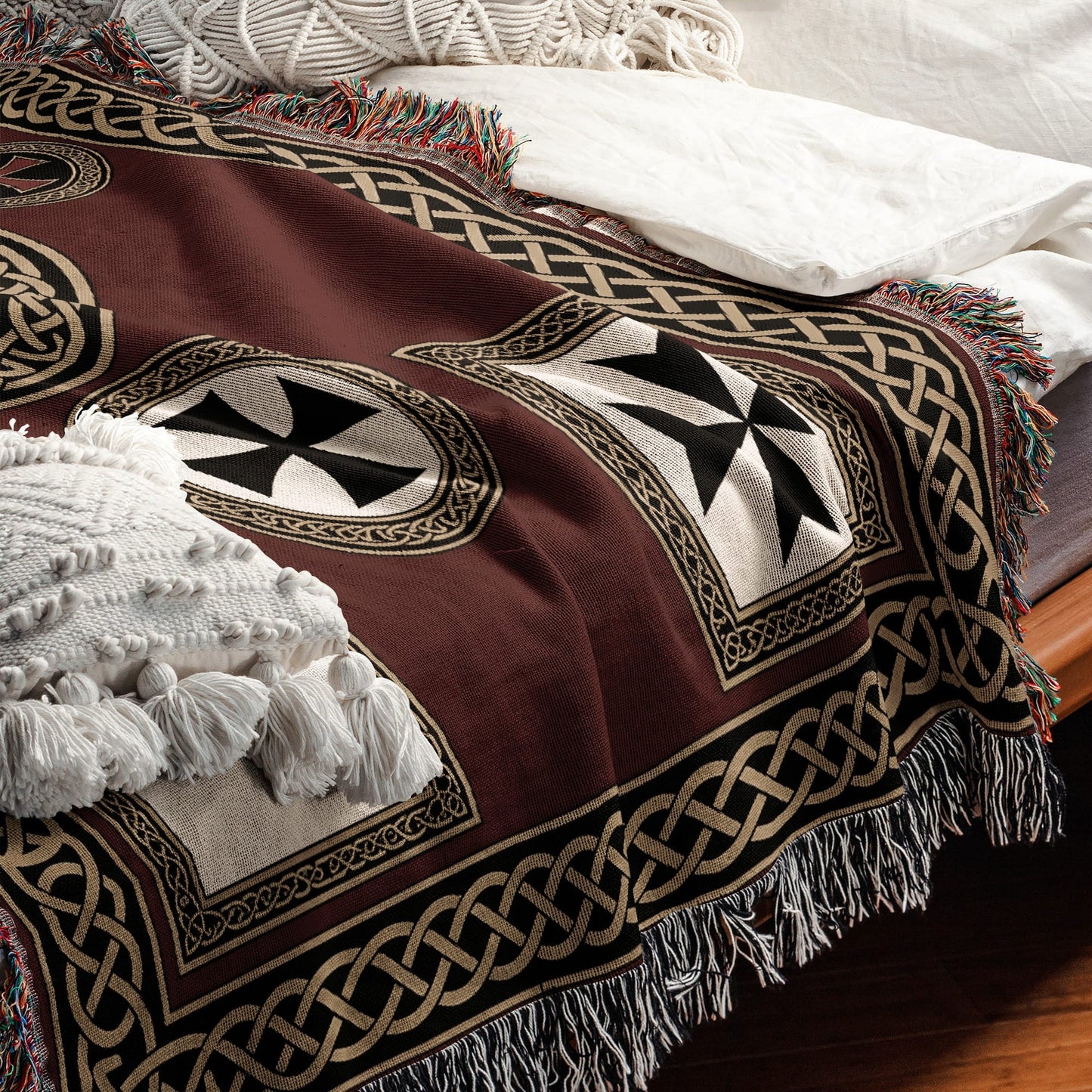 MyDesigns Medieval Tapestry Woven Throw – Burgundy Jerusalem Cross Medallion Blanket jacquard woven blanket