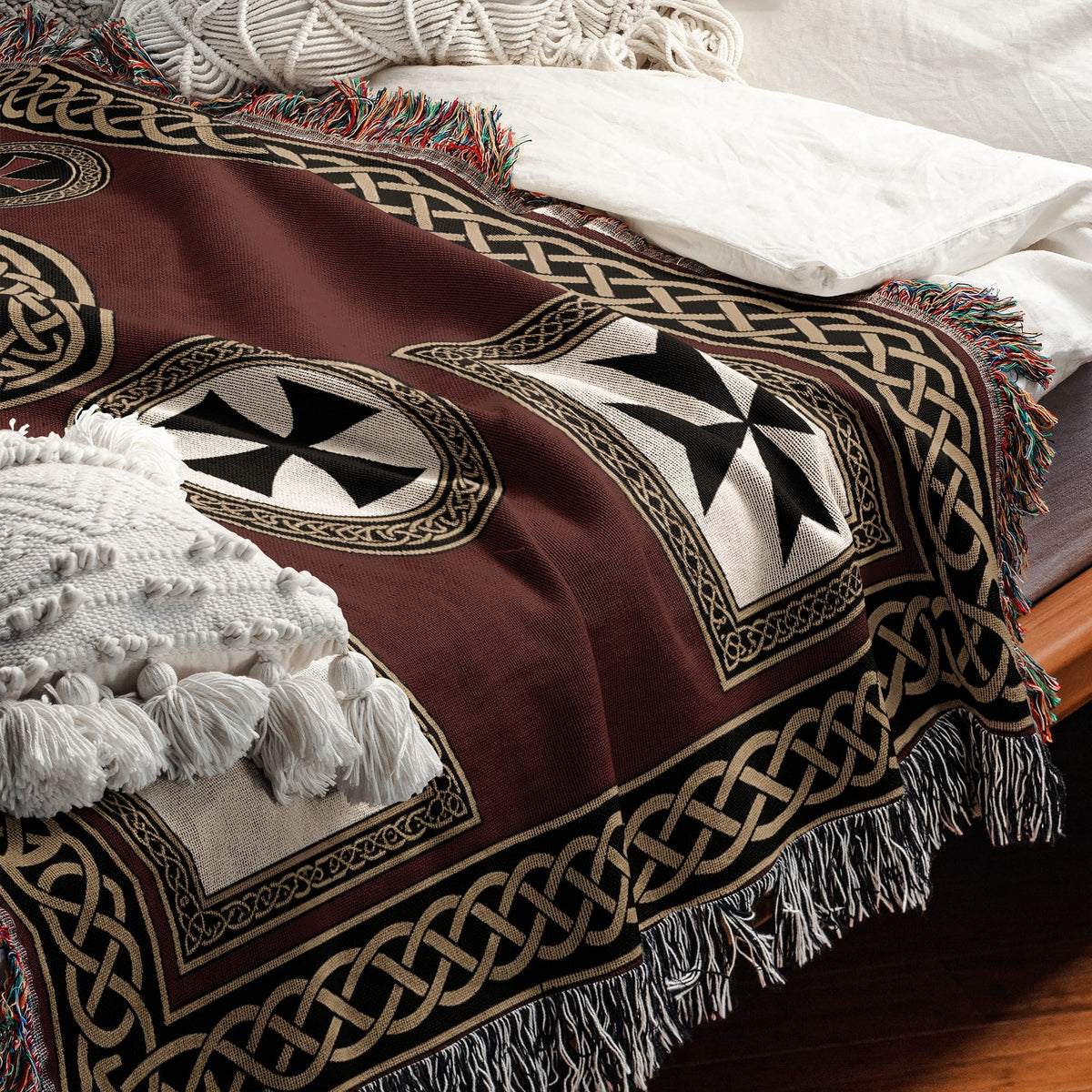 MyDesigns Medieval Tapestry Woven Throw – Burgundy Jerusalem Cross Medallion Blanket jacquard woven blanket
