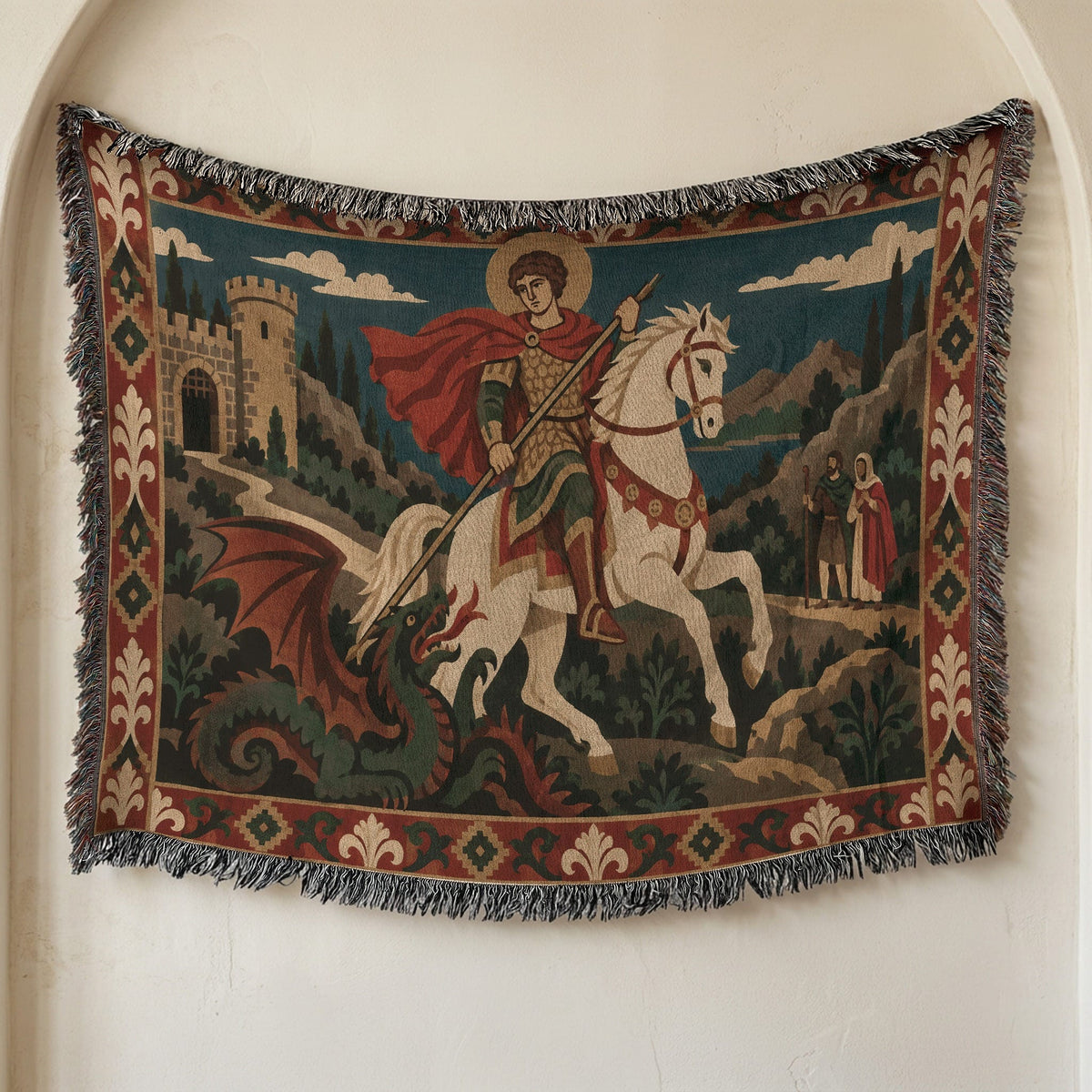 CalmNestStyle Saint George Folk Art Dragon Slayer jacquard woven blanket