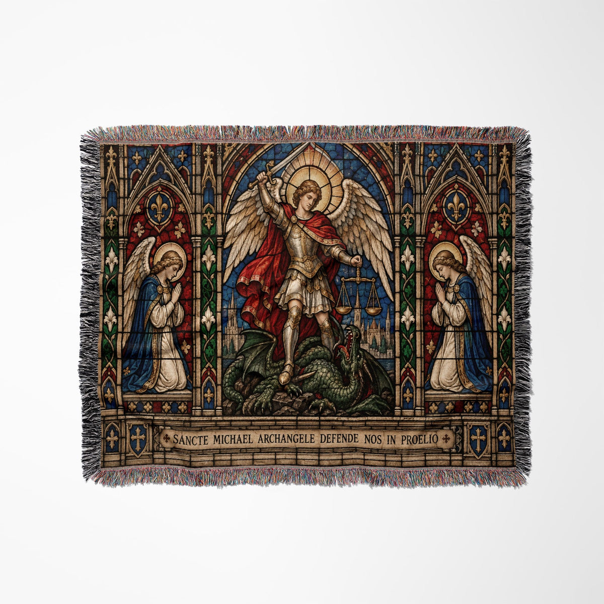 CalmNestStyle Saint Michael Stained Glass Prayer jacquard woven blanket