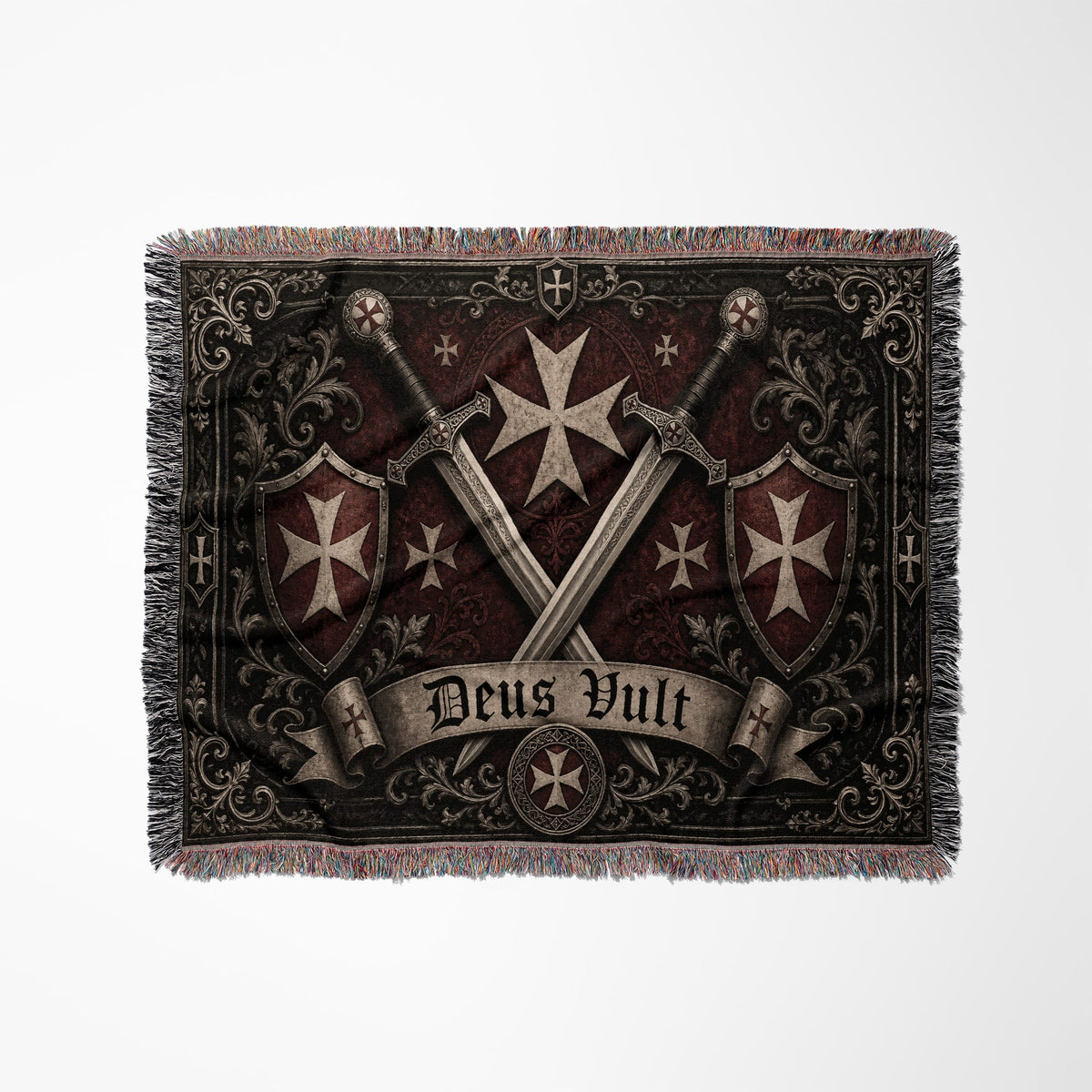 MyDesigns Medieval Wall Hanging – Deus Vult Crossed Swords Woven Blanket, Grey Frame jacquard woven blanket