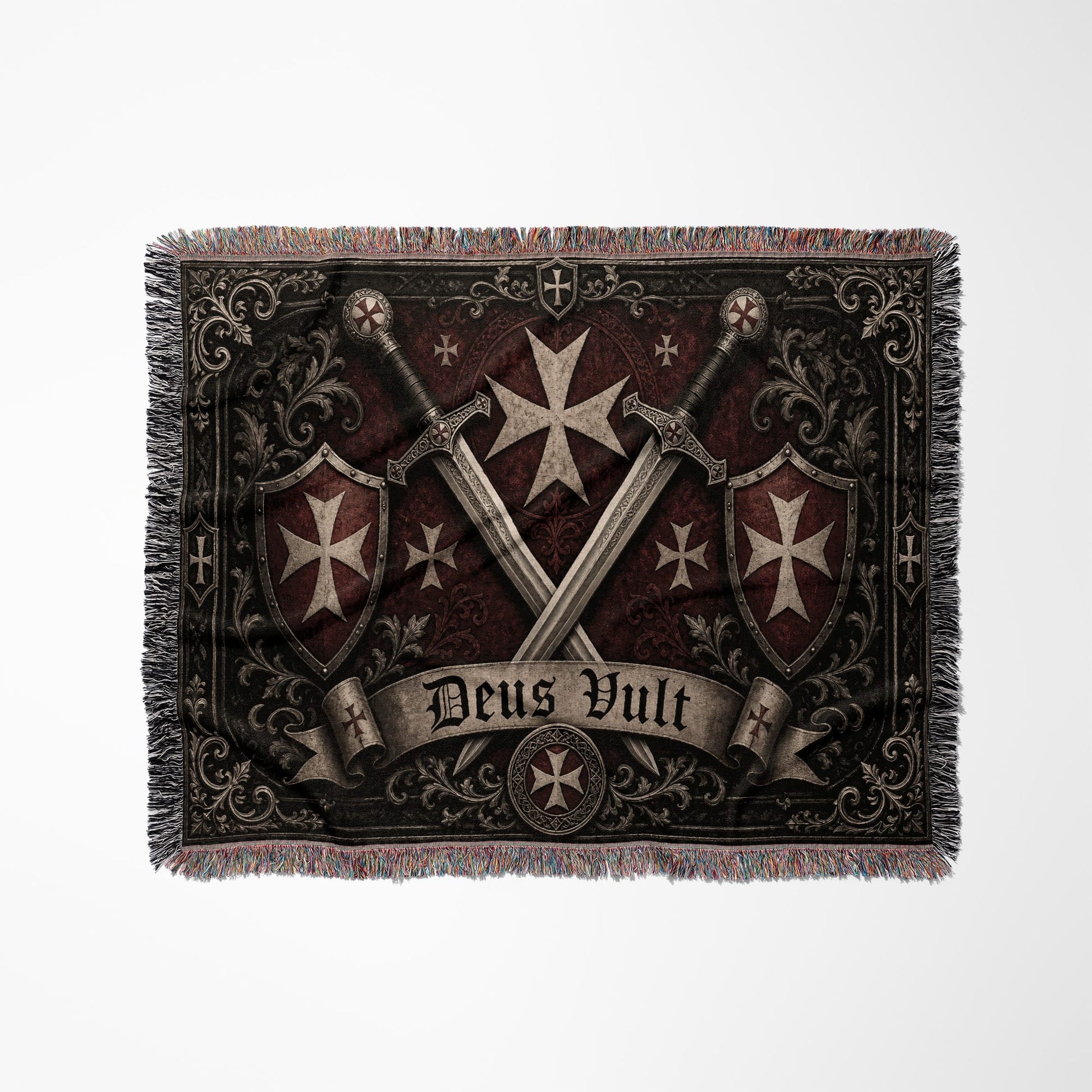 MyDesigns Medieval Wall Hanging – Deus Vult Crossed Swords Woven Blanket, Grey Frame jacquard woven blanket