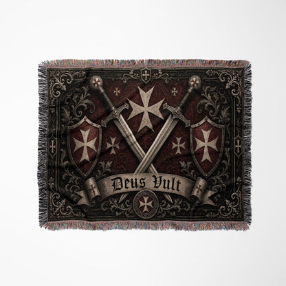 MyDesigns Medieval Wall Hanging – Deus Vult Crossed Swords Woven Blanket, Grey Frame jacquard woven blanket