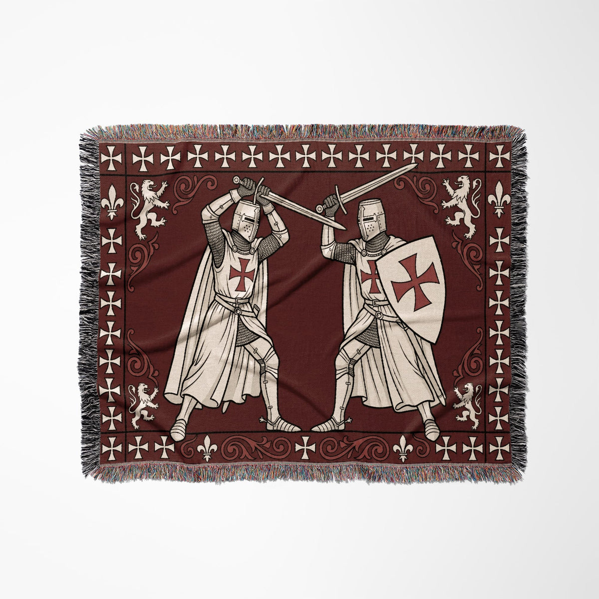 MyDesigns Medieval Tapestry Blanket – Knights Templar Duel Woven Throw, White Cross Border jacquard woven blanket