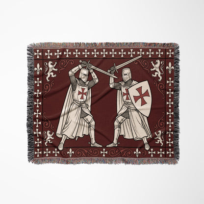 MyDesigns Medieval Tapestry Blanket – Knights Templar Duel Woven Throw, White Cross Border jacquard woven blanket
