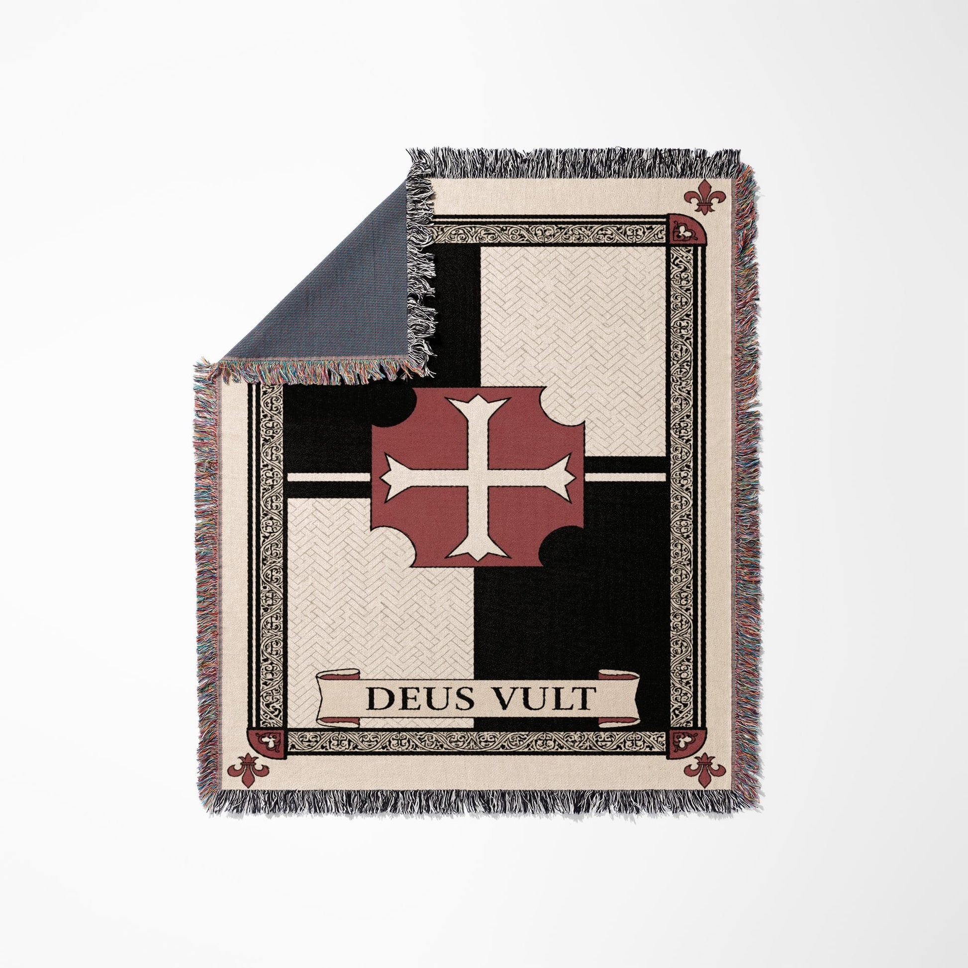 Woven blanket featuring a red Templar cross and "Deus Vult" banner on patterned fabric.
