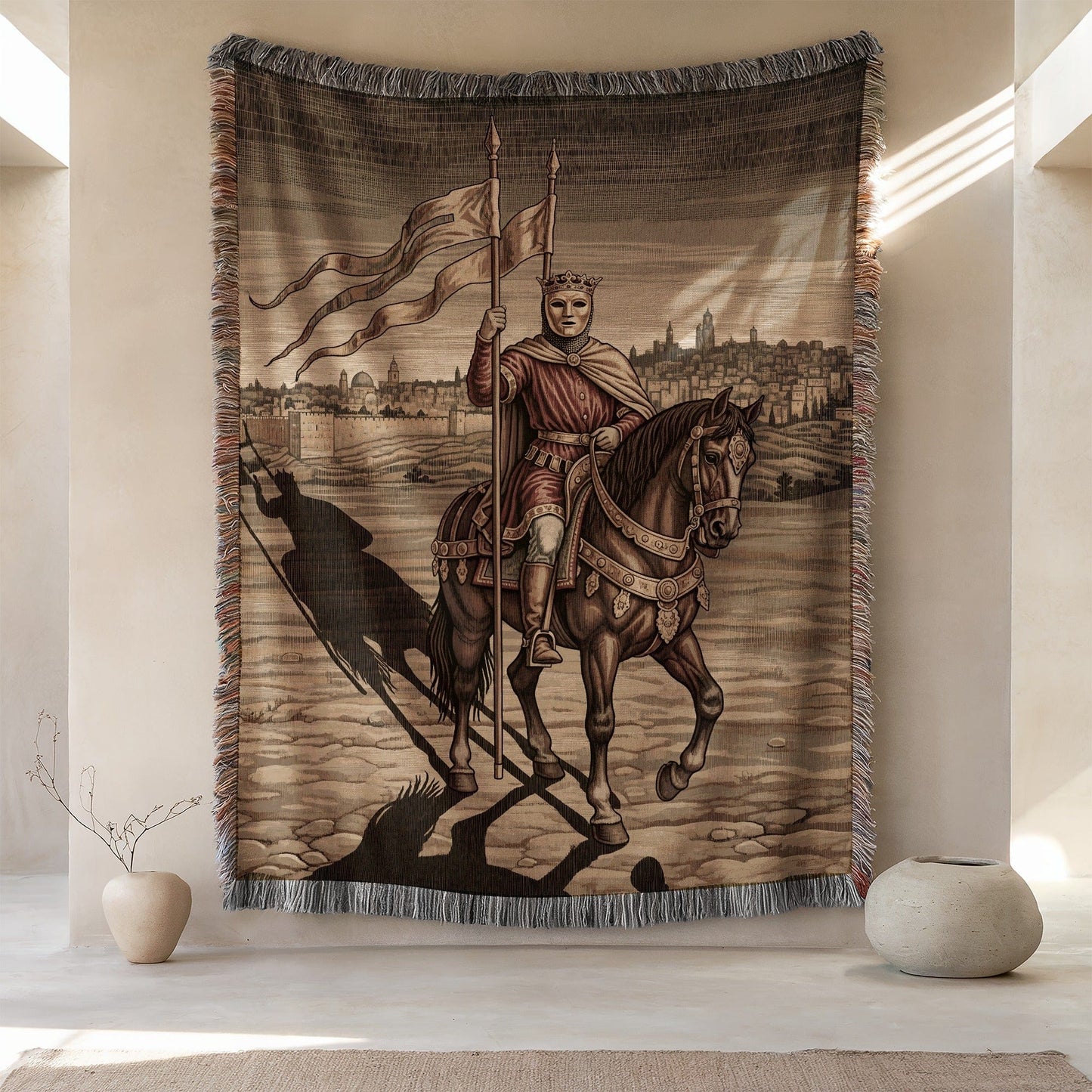 Medieval Knight Tapestry with Detailed City Scene
