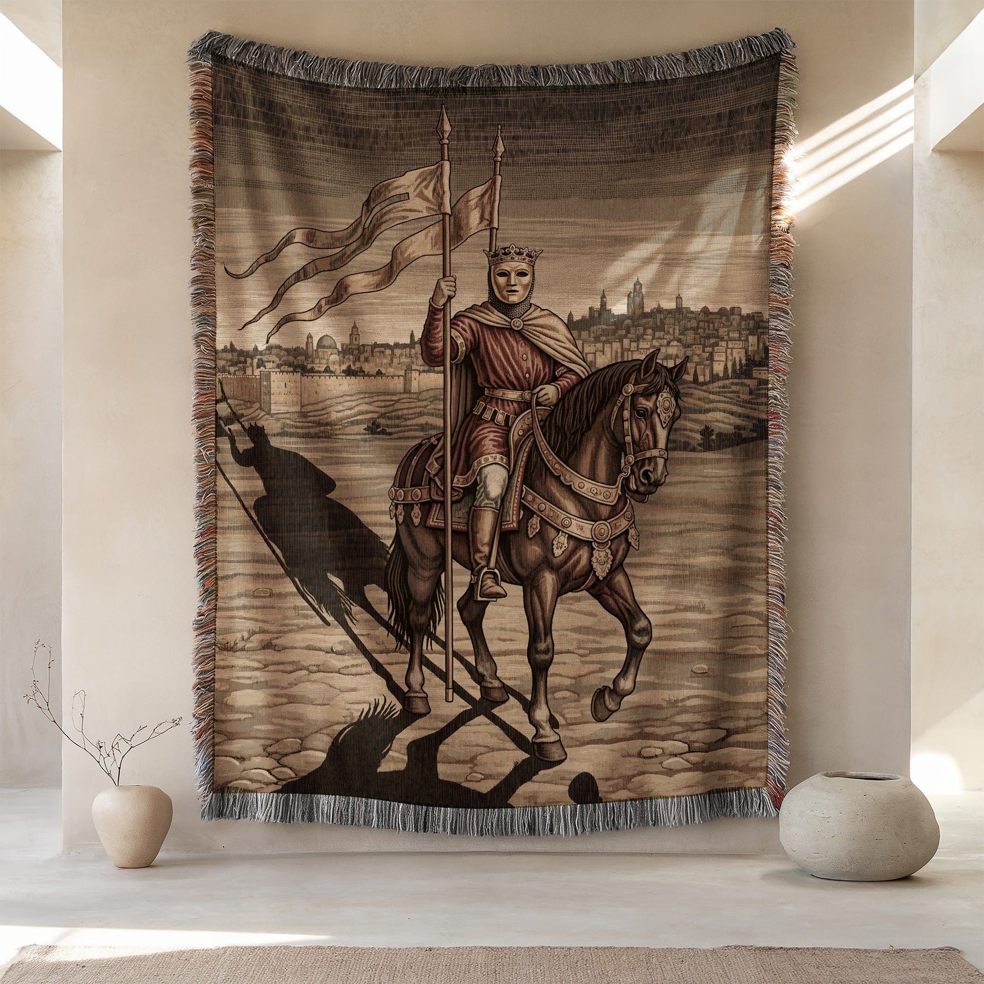 Medieval Knight Tapestry with Detailed City Scene