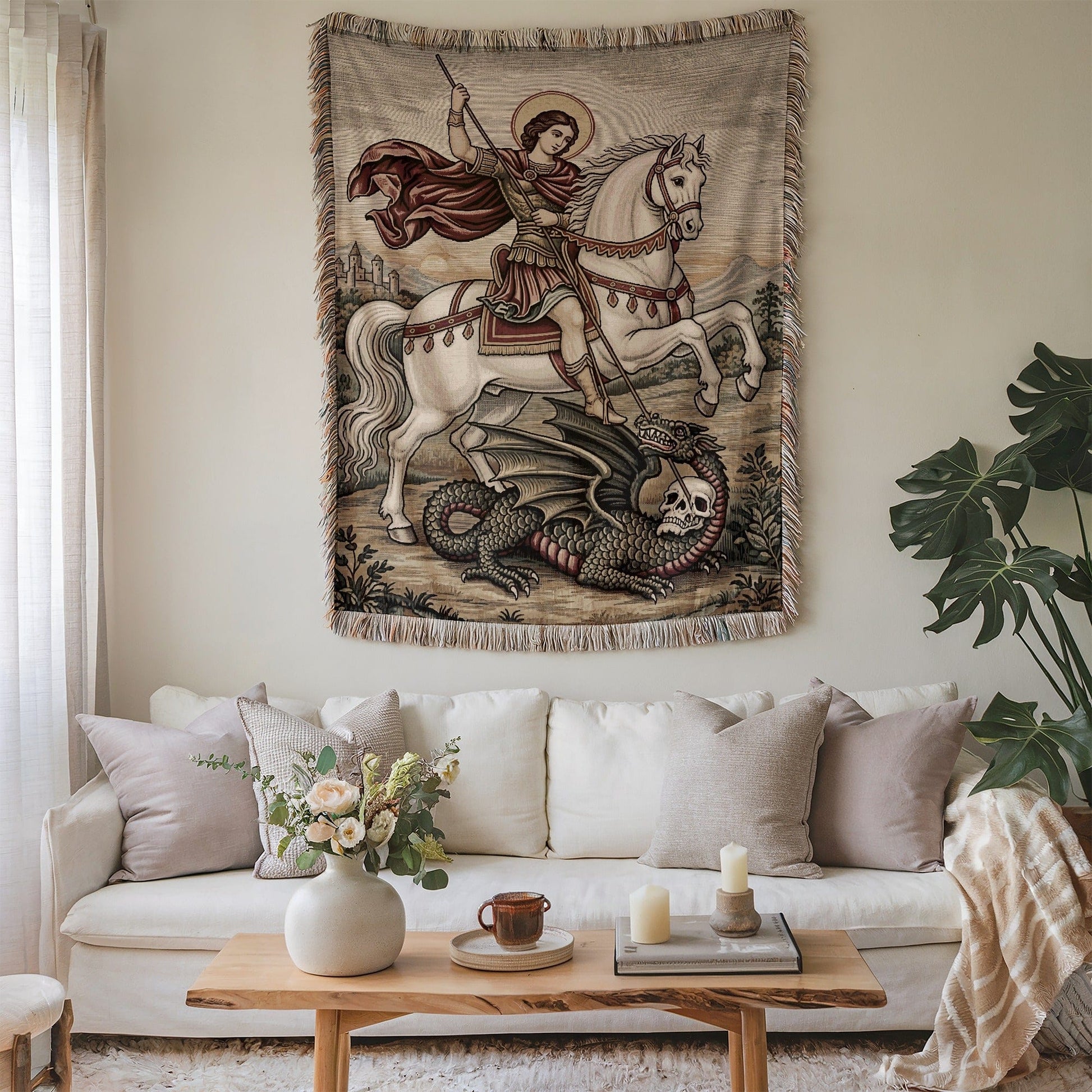 Medieval Knight and Dragon Tapestry Wall Art Decoration
