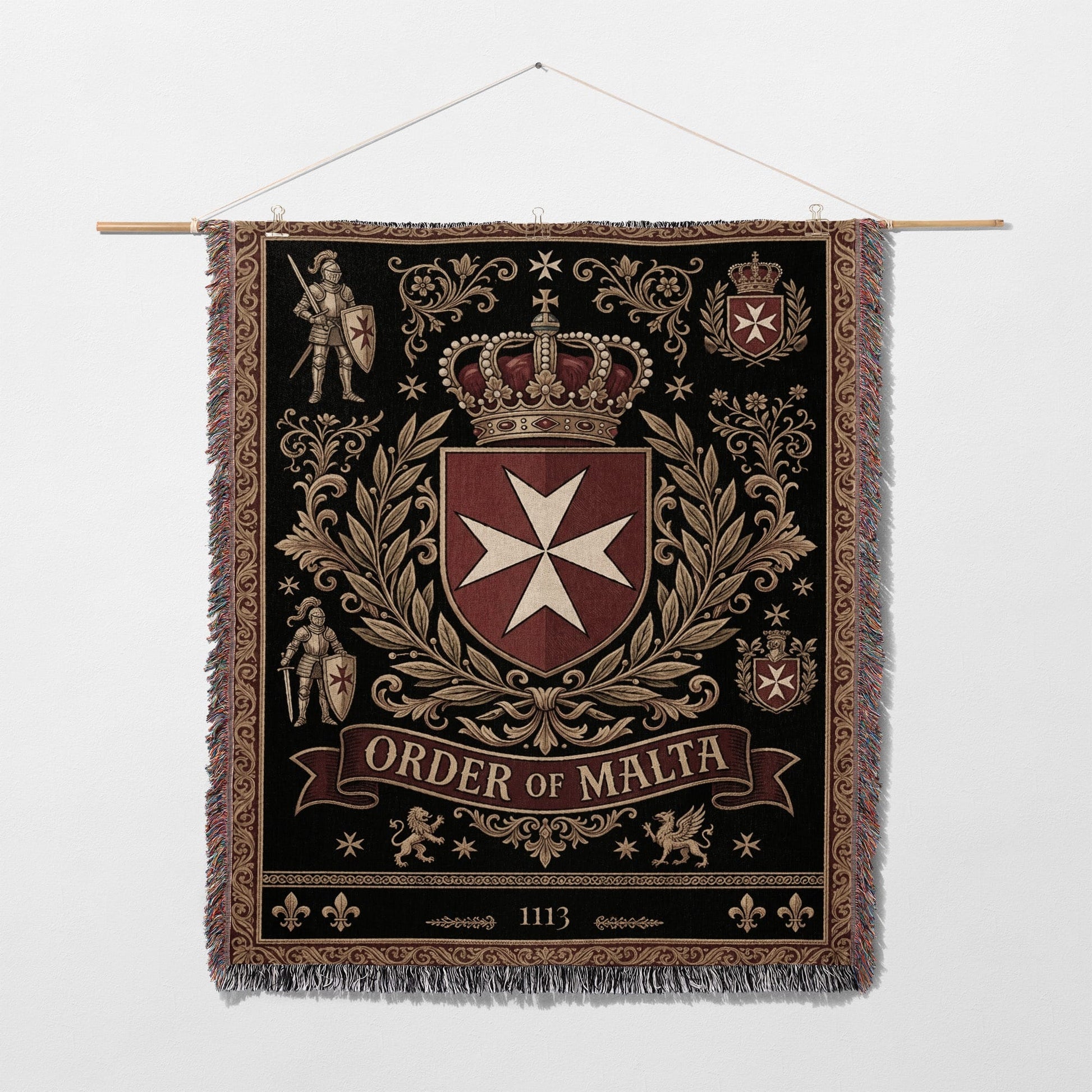 Tapestry with Order of Malta crest, knights, crown, and floral scrollwork.