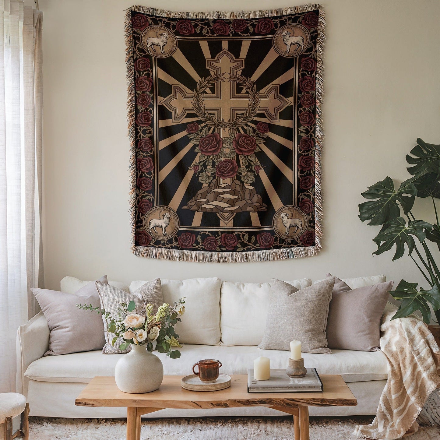 Cross Sunburst and Roses Design Wall Tapestry Decor