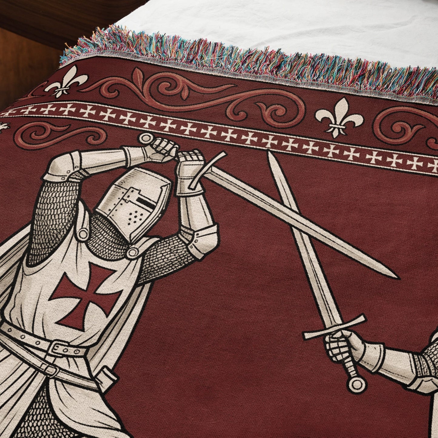 MyDesigns Medieval Knight Tapestry Blanket – Templar Knights Duel Woven Throw, Scrollwork jacquard woven blanket