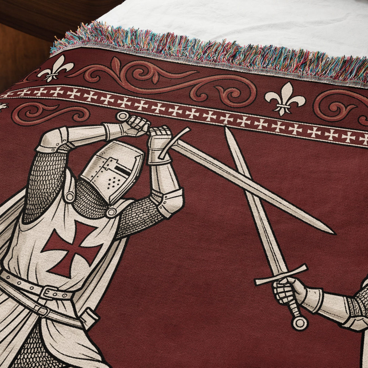 MyDesigns Medieval Knight Tapestry Blanket – Templar Knights Duel Woven Throw, Scrollwork jacquard woven blanket