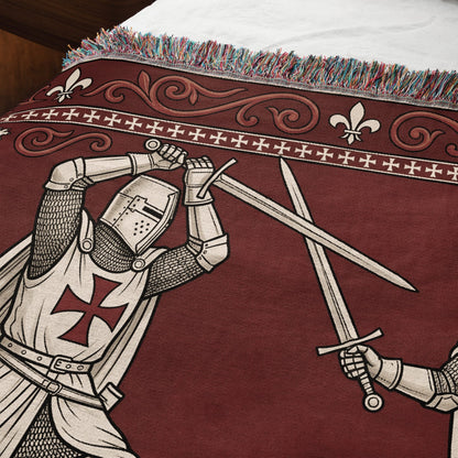 MyDesigns Medieval Knight Tapestry Blanket – Templar Knights Duel Woven Throw, Scrollwork jacquard woven blanket