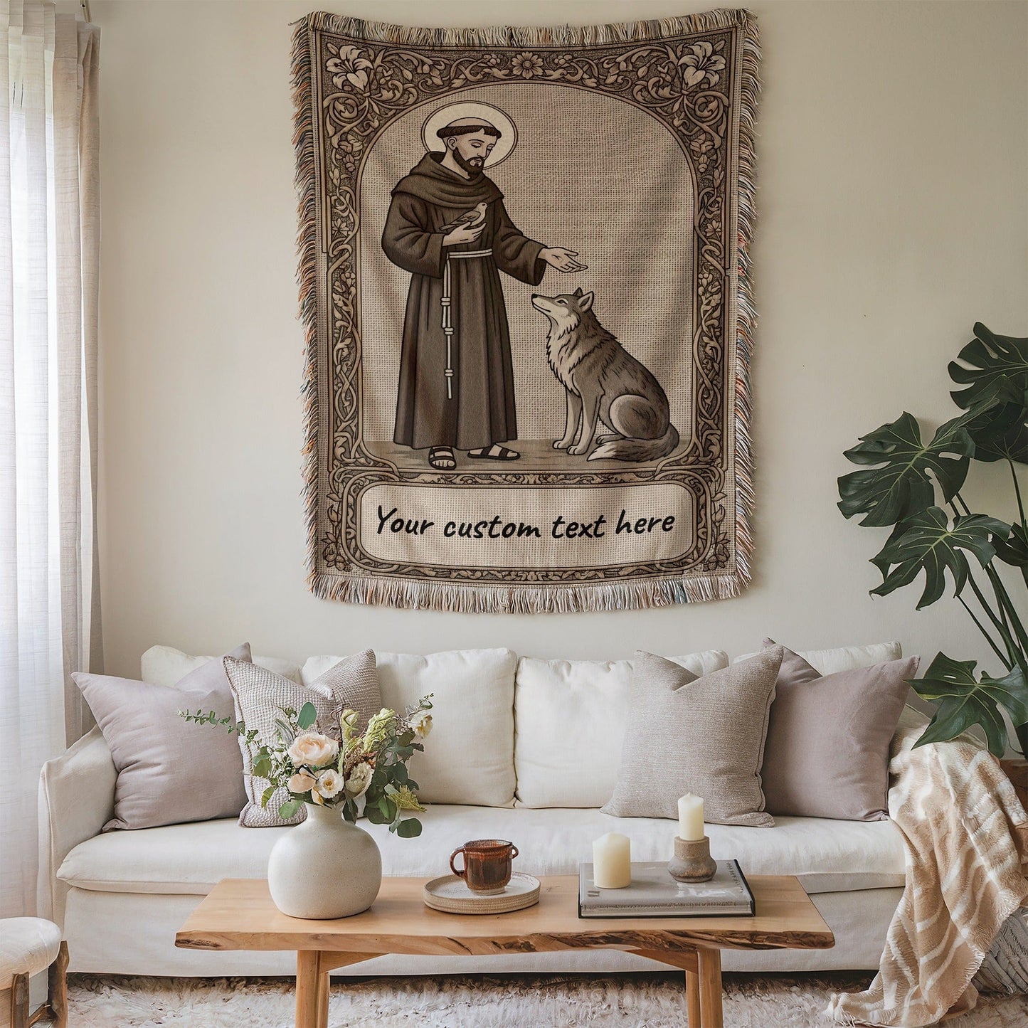 Personalized Religious Saint and Wolf Blanket