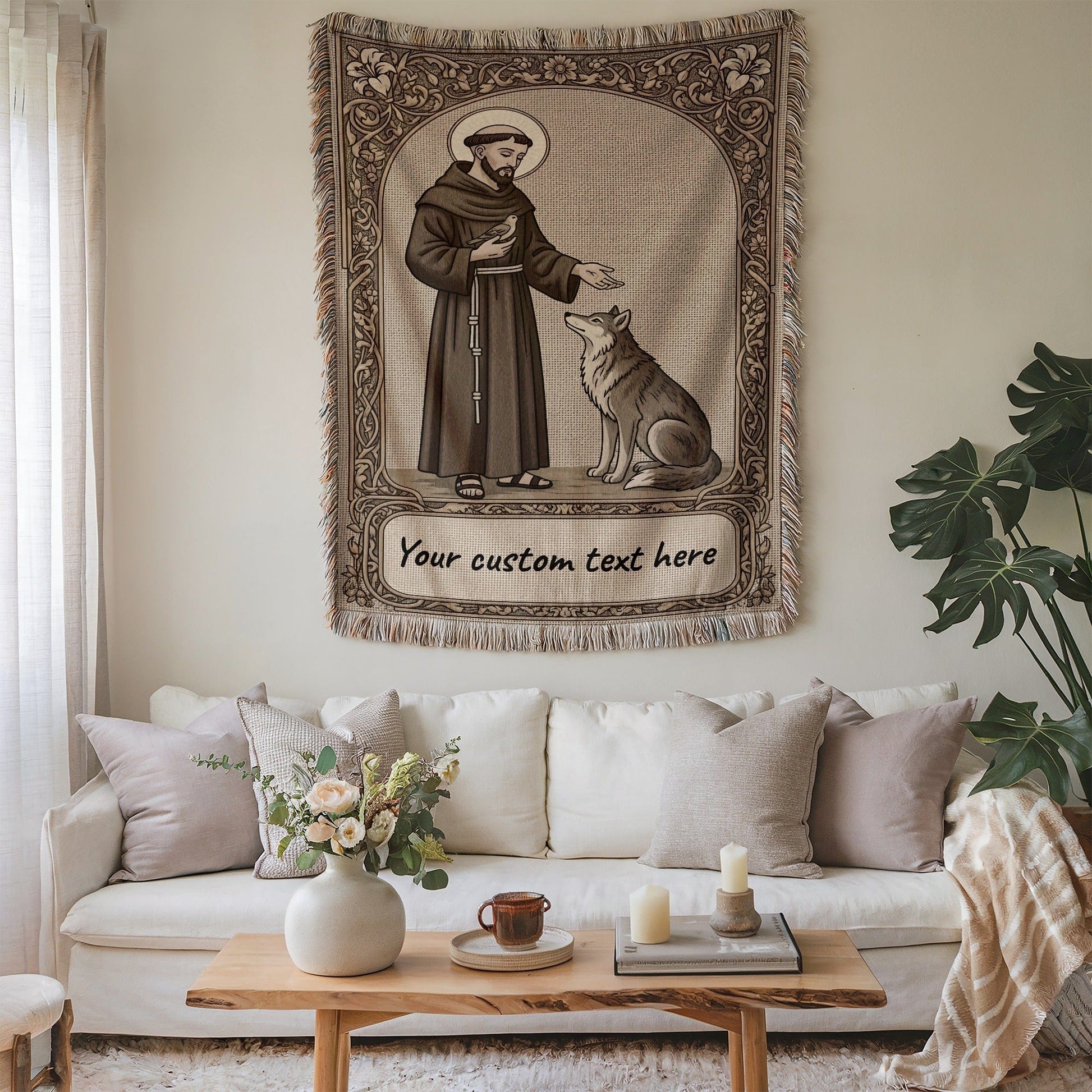 Personalized Religious Saint and Wolf Blanket