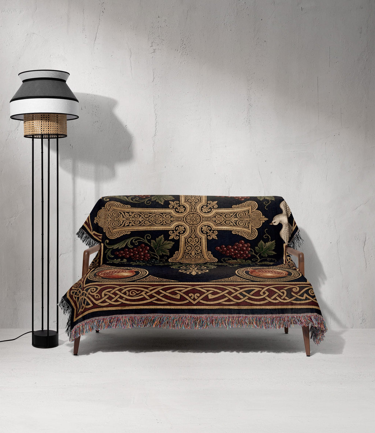 CalmNestStyle Cross with Vine and Celtic Knots jacquard woven blanket