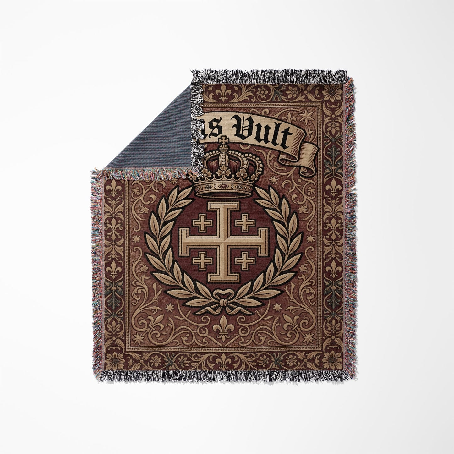 Woven blanket with Jerusalem cross, crown, and text "Deus Vult".
