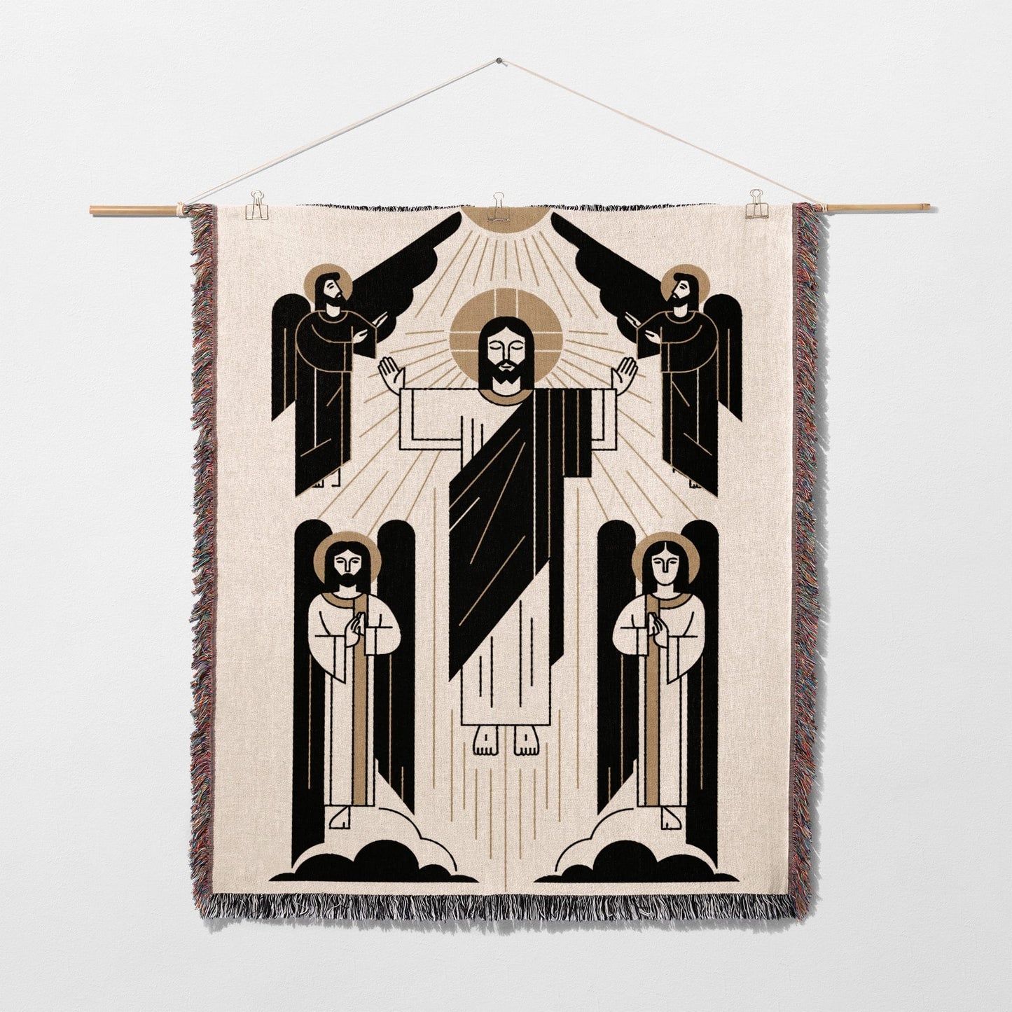 Jesus with angels above clouds, geometric design.