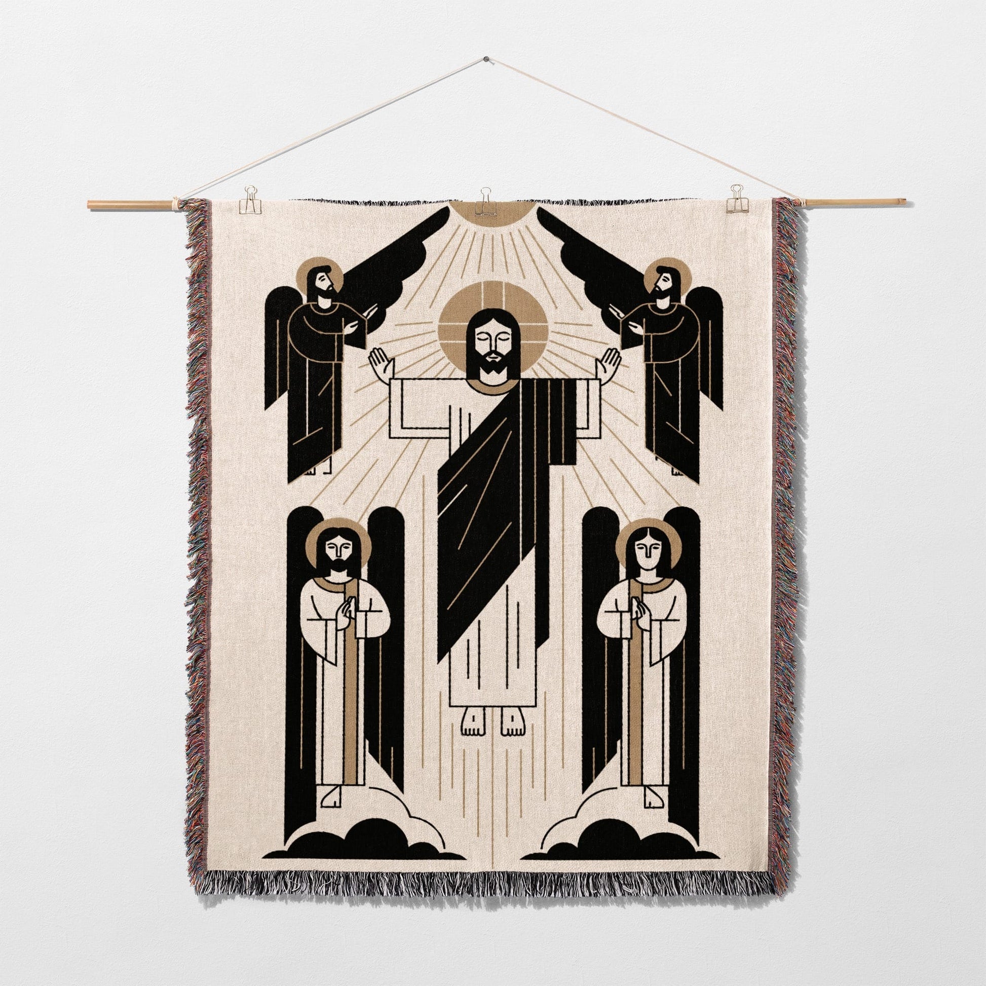 Jesus with angels above clouds, geometric design.