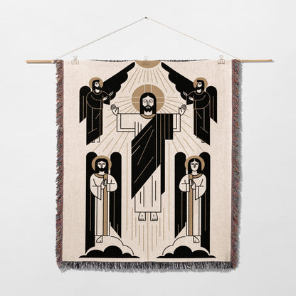 Jesus with angels above clouds, geometric design.