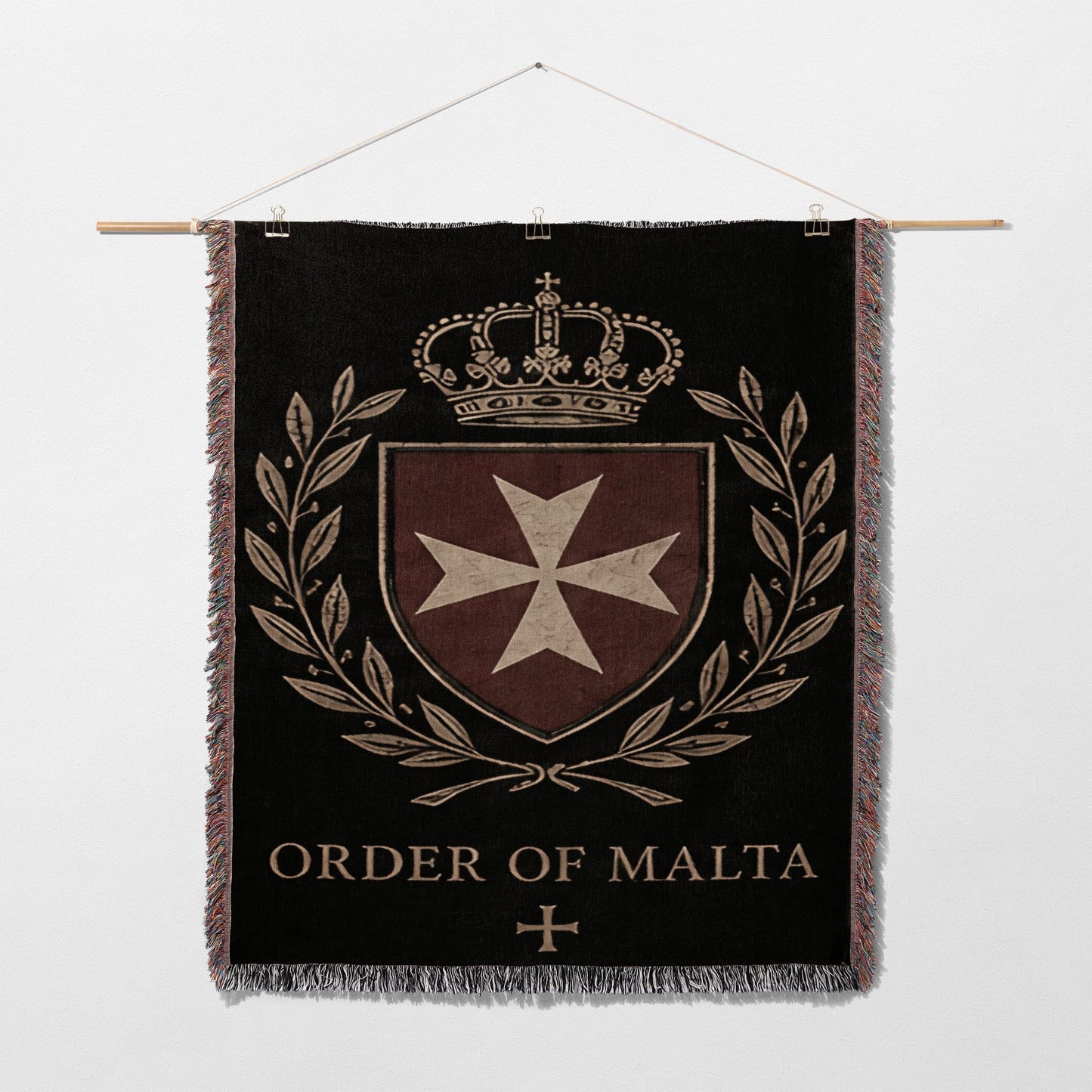 Tapestry featuring the Order of Malta crest with crown and laurel wreath.