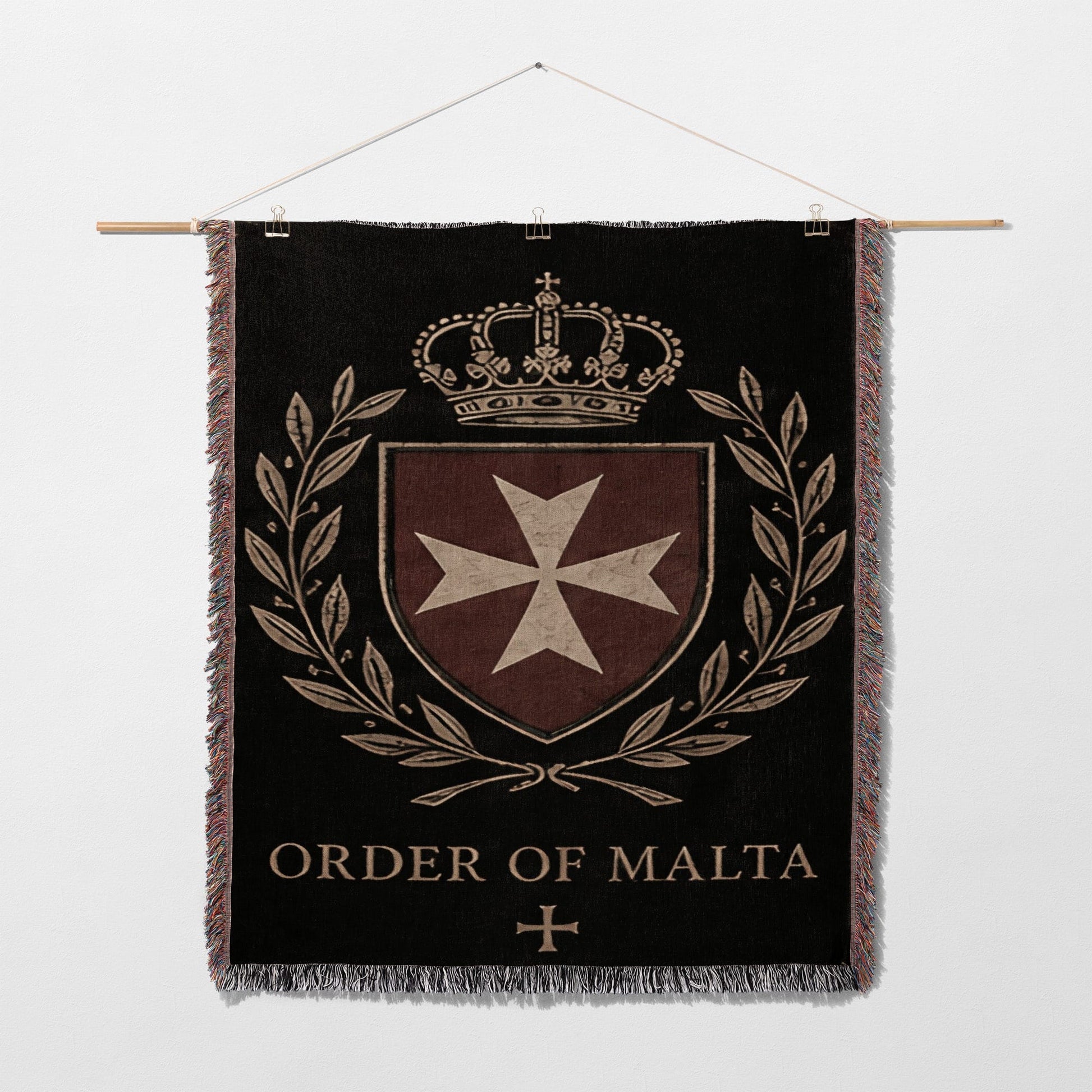 Tapestry featuring the Order of Malta crest with crown and laurel wreath.