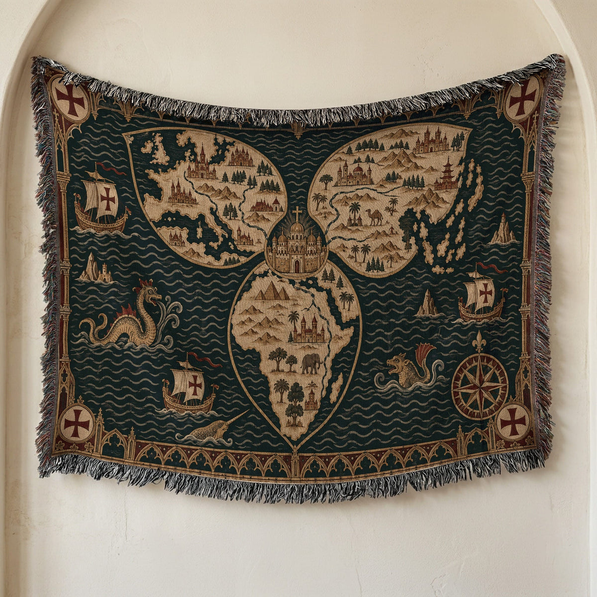 CalmNestStyle Mappa Mundi I Three Continents jacquard woven blanket