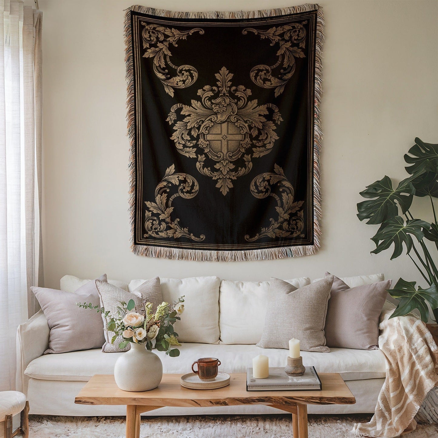 Elegant Black and Gold Ornate Wall Tapestry Decor