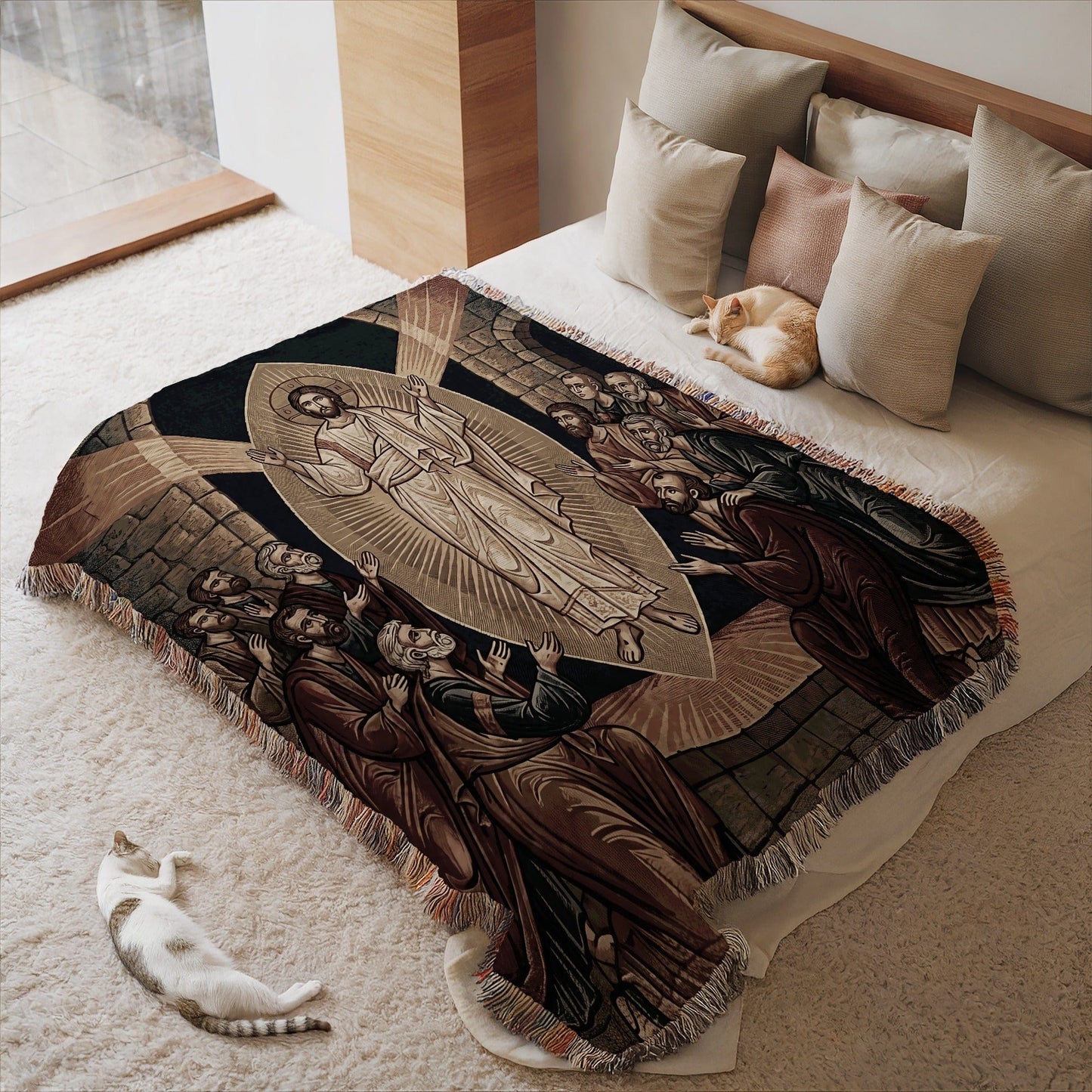 Biblical Scene Blanket with Cat Illustration Bedding Decor
