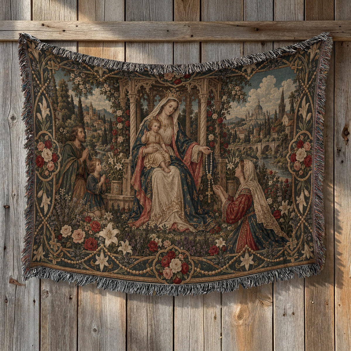 CalmNestStyle Our Lady of the Rosary jacquard woven blanket