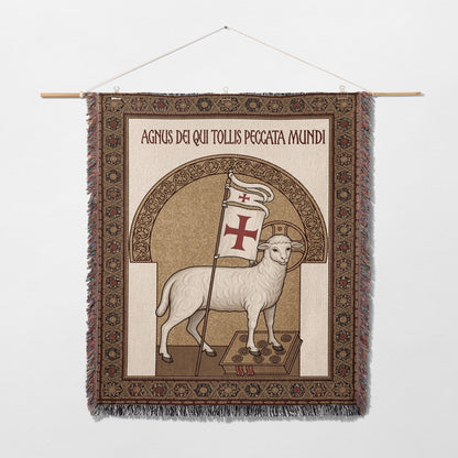 Tapestry of a lamb with a cross banner, bearing Latin text.
