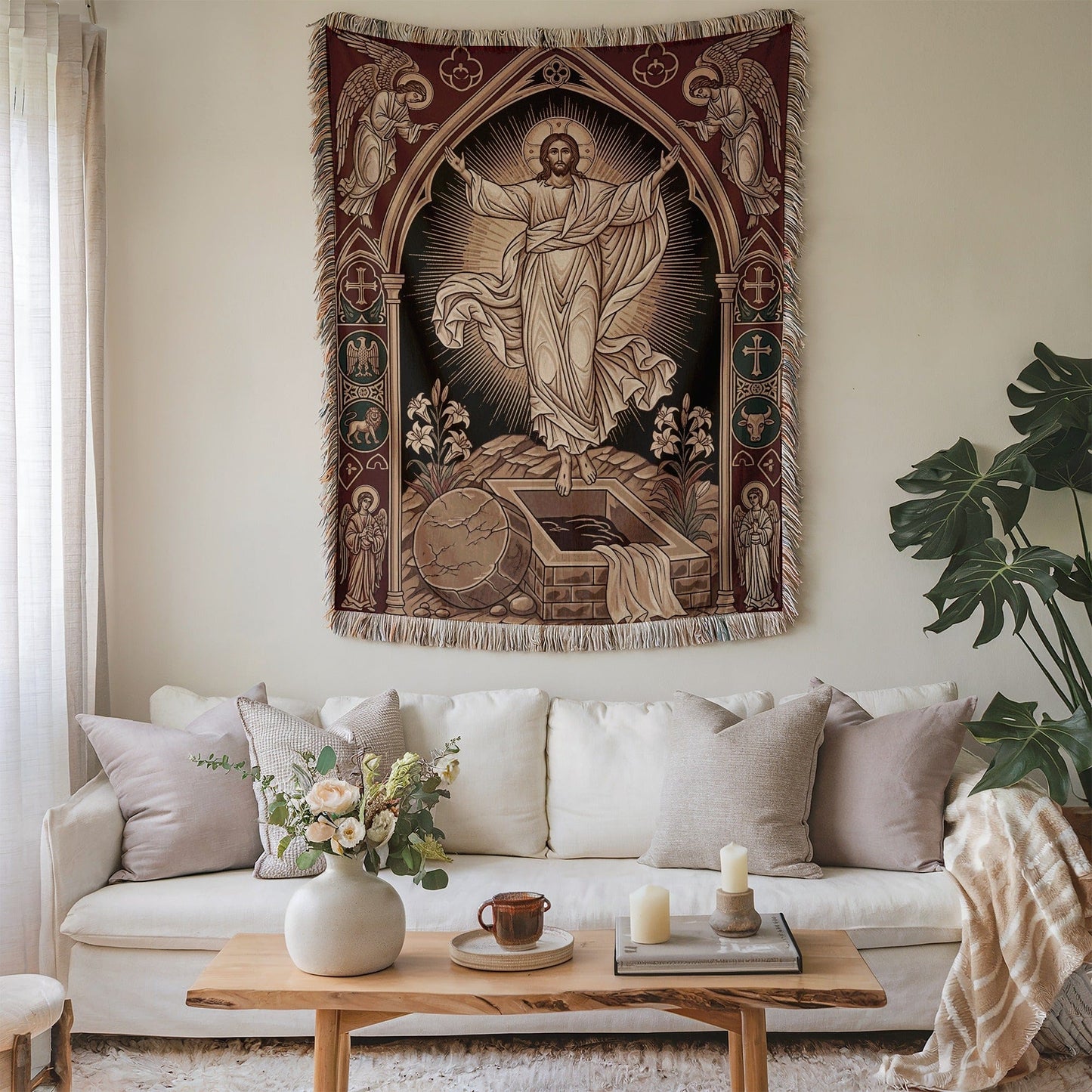 Religious Tapestry with Resurrection Design Wall Art Decor