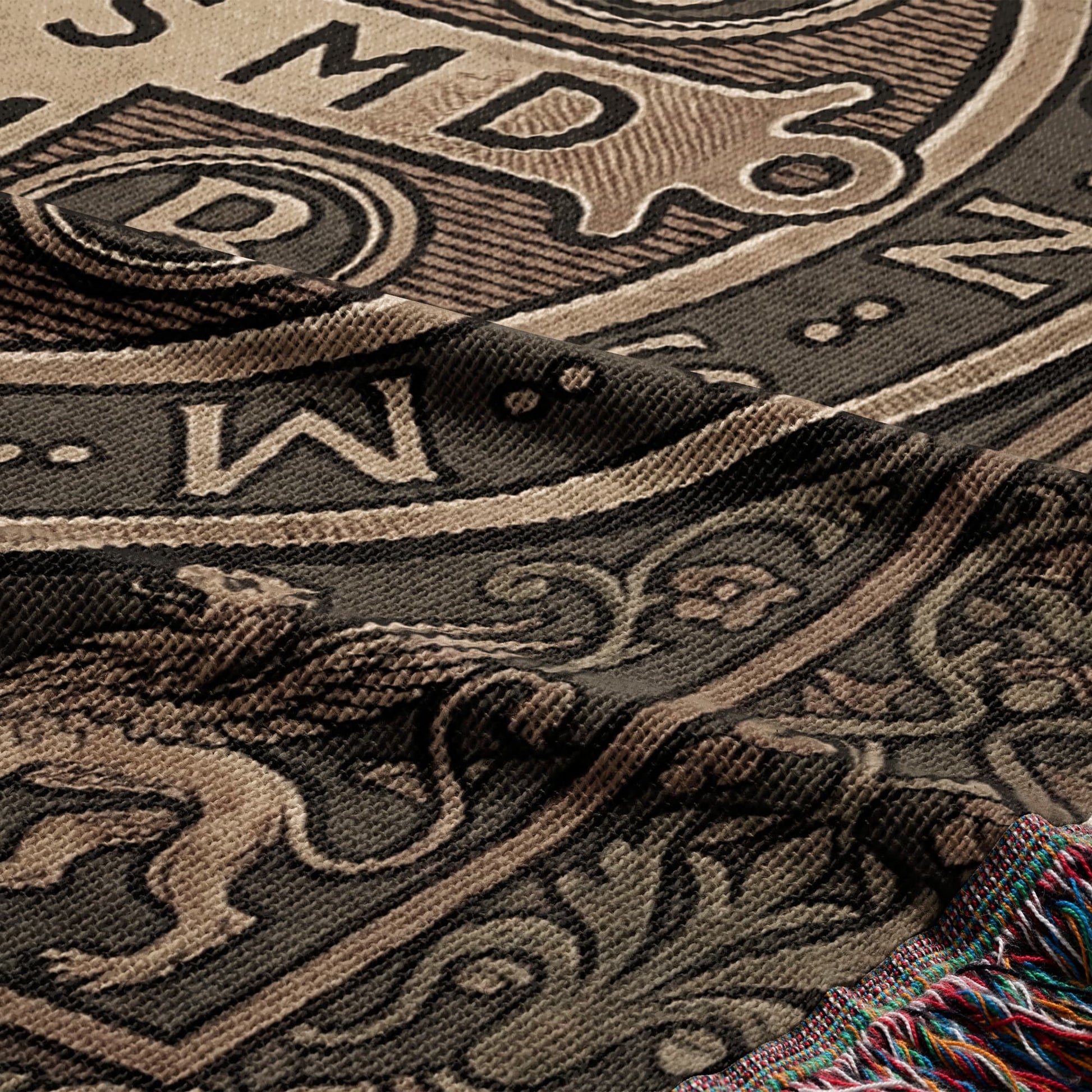 Tapestry with lion, ornate patterns, and visible fringe.