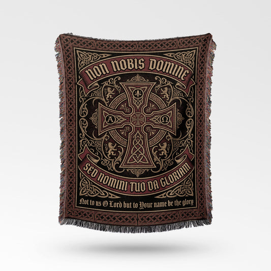 Tapestry blanket with ornate Celtic knot design and Latin text.