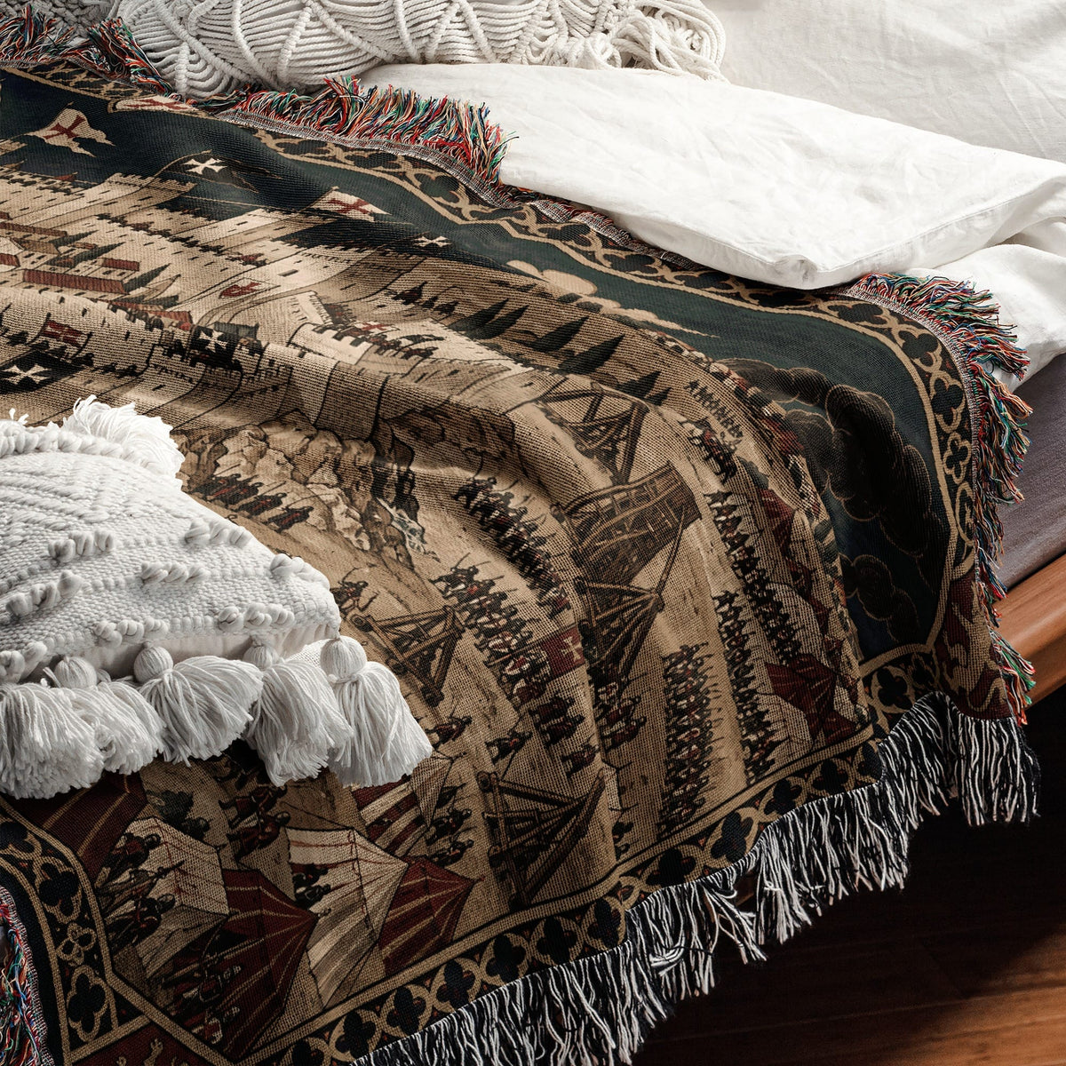 CalmNestStyle Crusader Harbor Siege I Smoke over the City jacquard woven blanket