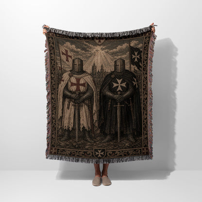Woven blanket with two armored knights, one holding a sword.
