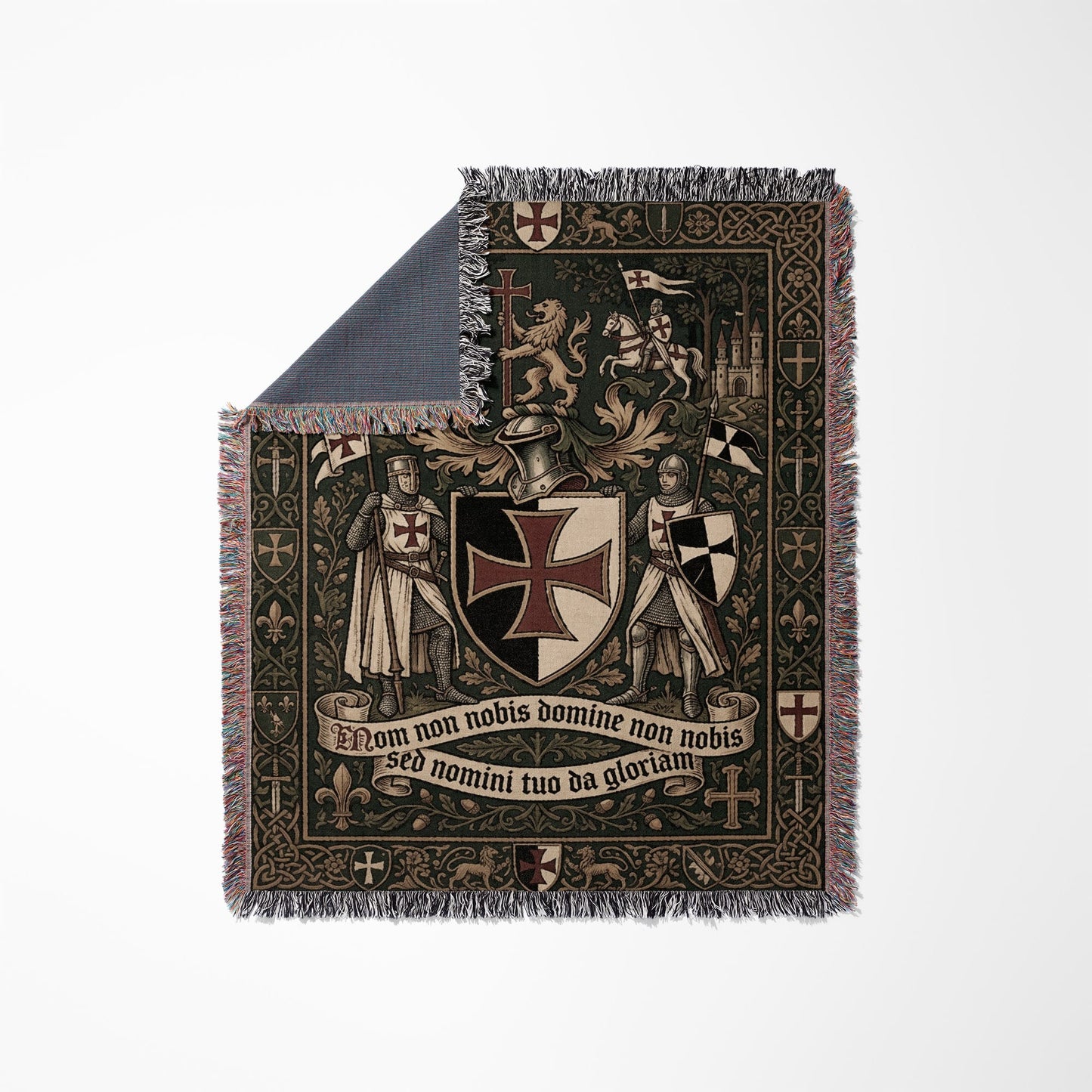 Tapestry with knights, lion, and Latin inscription "Non nobis Domine".