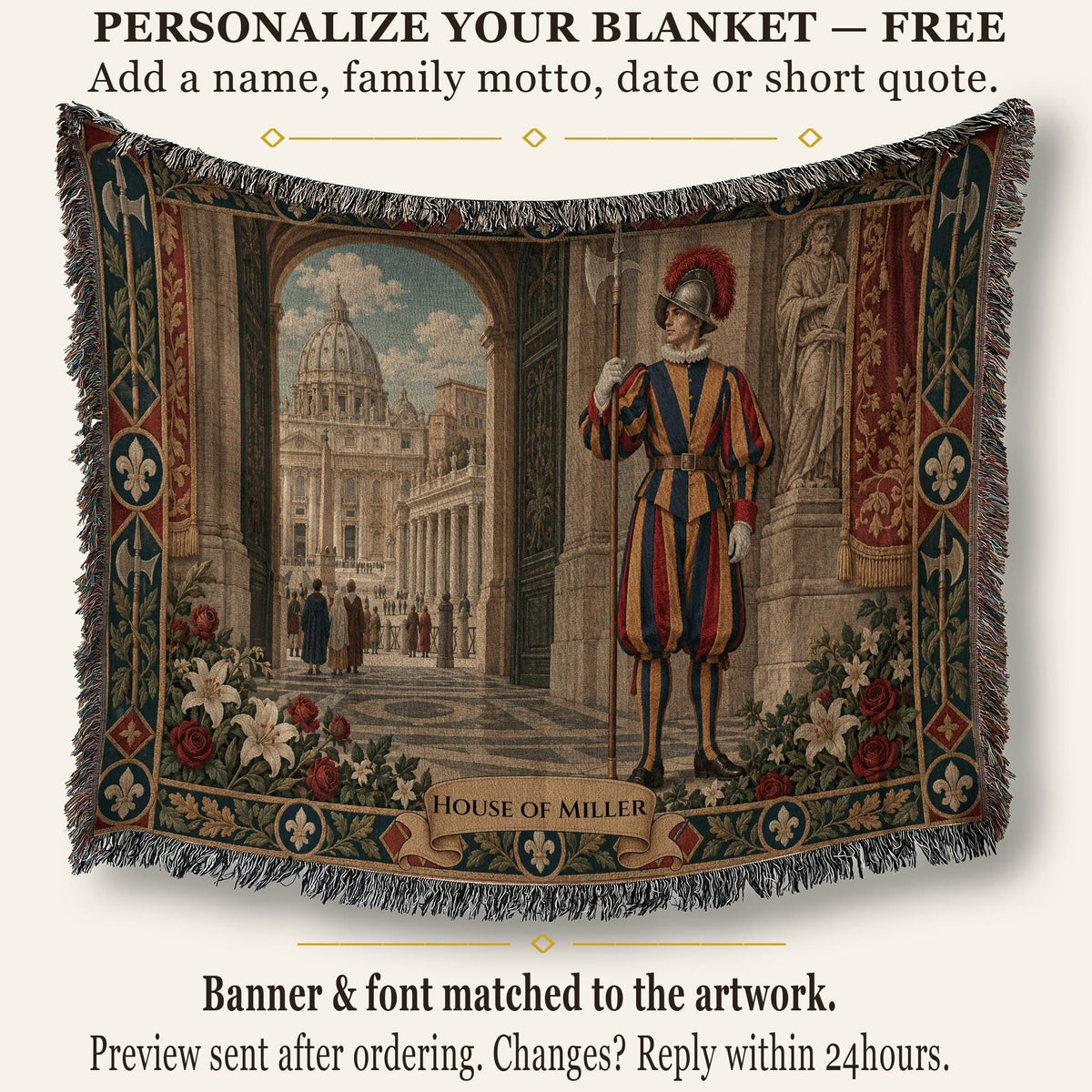A woven tapestry blanket featuring a Renaissance guard holding a halberd and a view of St. Peter's Basilica.