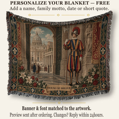 A woven tapestry blanket featuring a Renaissance guard holding a halberd and a view of St. Peter's Basilica.