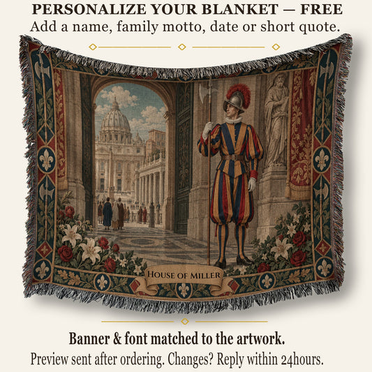 A woven tapestry blanket featuring a Renaissance guard holding a halberd and a view of St. Peter's Basilica.