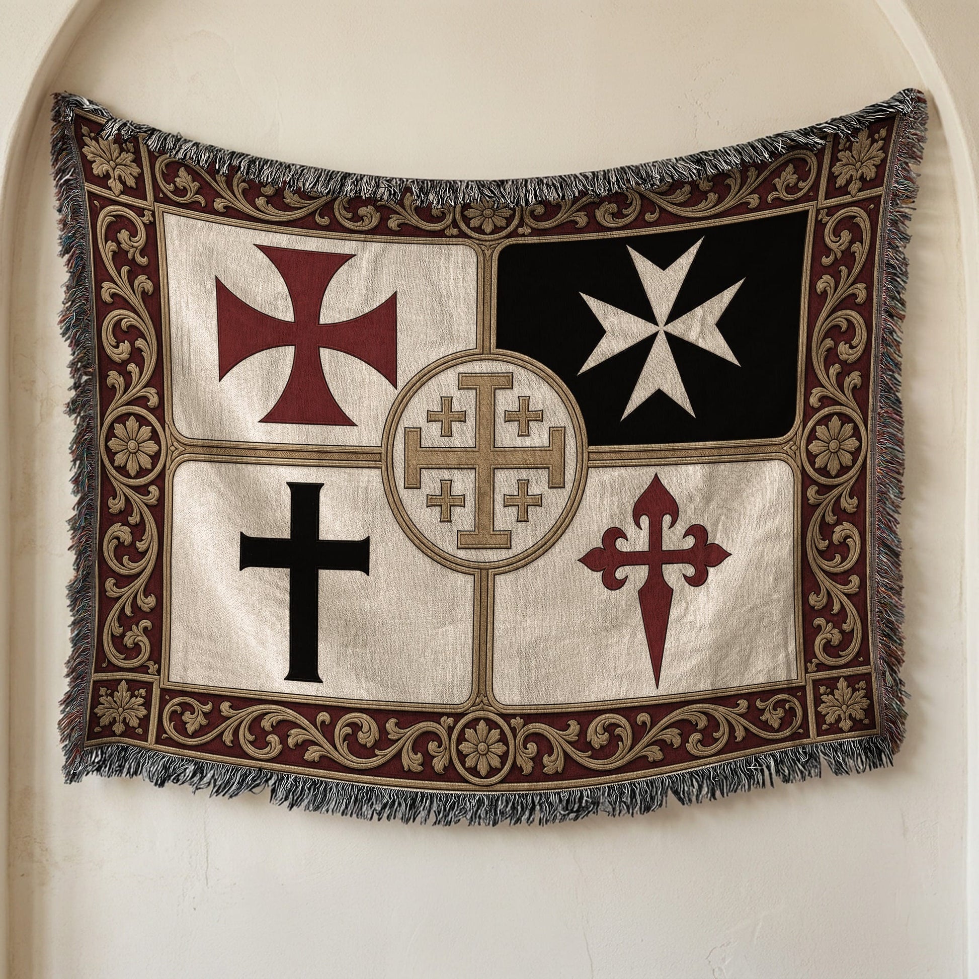MyDesigns Medieval Wall Hanging – Santiago Templar Hospitaller Teutonic Woven Blanket, Acanthus Border jacquard woven blanket