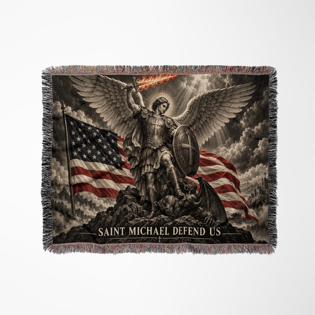 Woven throw blanket featuring Saint Michael with wings, an American flag, and the text Saint Michael Defend Us.