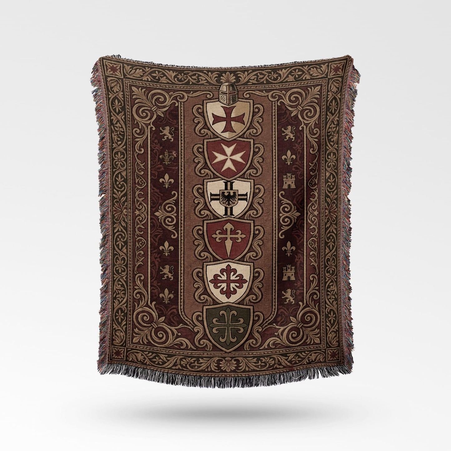 Tapestry throw blanket with medieval shields, fleur-de-lis, and lions.