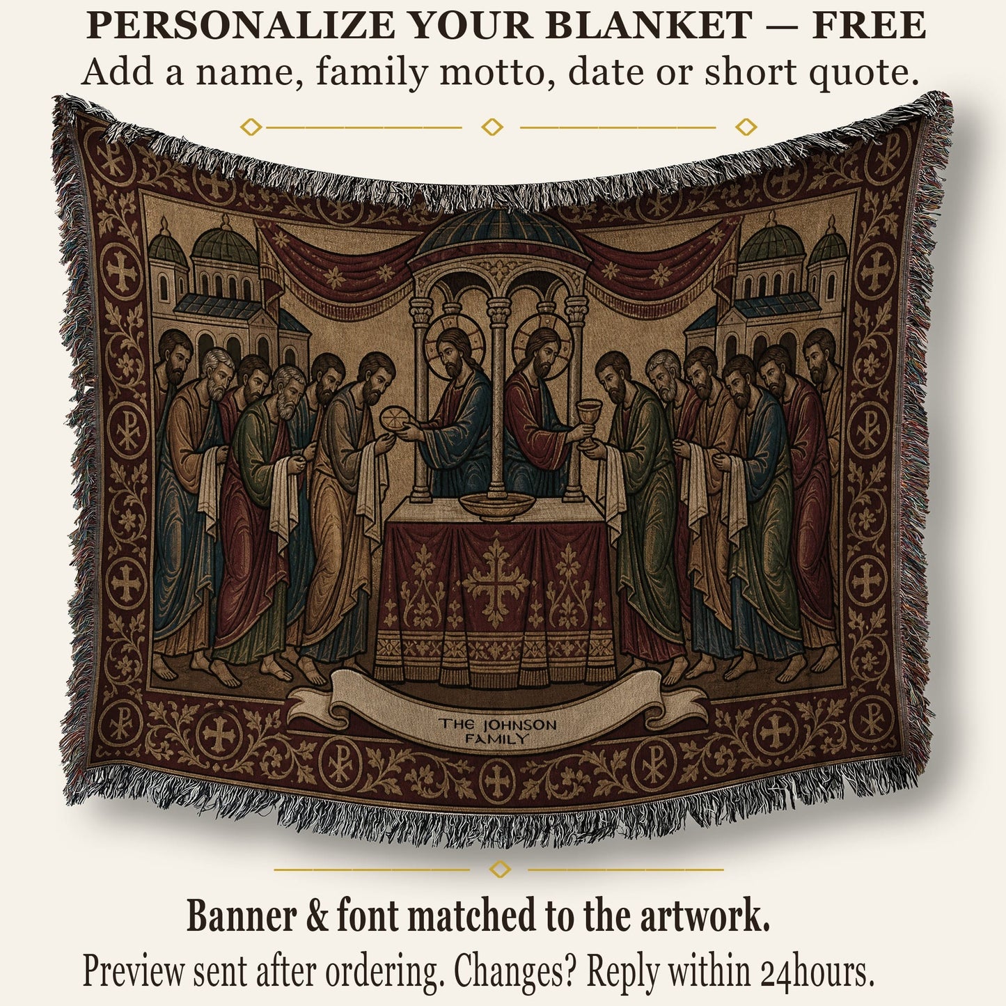 MyDesigns Personalized Orthodox Communion Tapestry - Custom Name Date jacquard woven blanket
