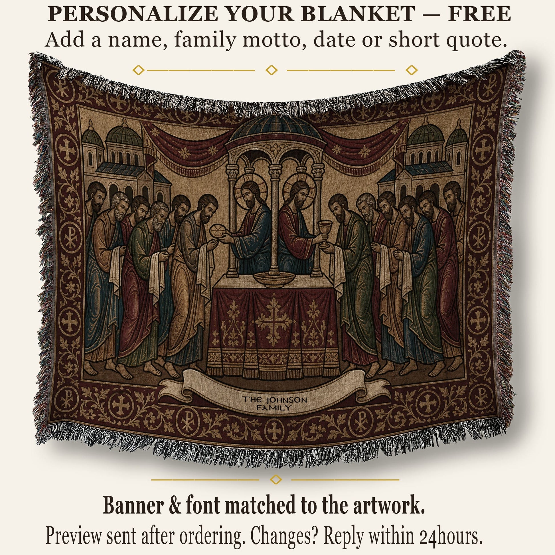 MyDesigns Personalized Orthodox Communion Tapestry - Custom Name Date jacquard woven blanket