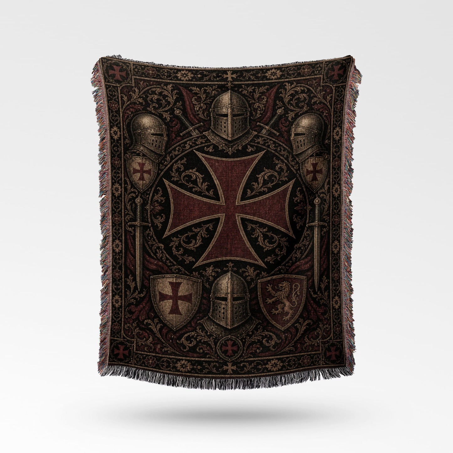 Tapestry throw with Templar cross, knight helmets, swords, and shields.