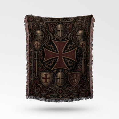 Tapestry throw with Templar cross, knight helmets, swords, and shields.
